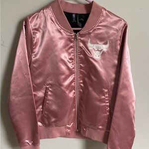 Pink Satin Bomber Jacket Bulls Logo